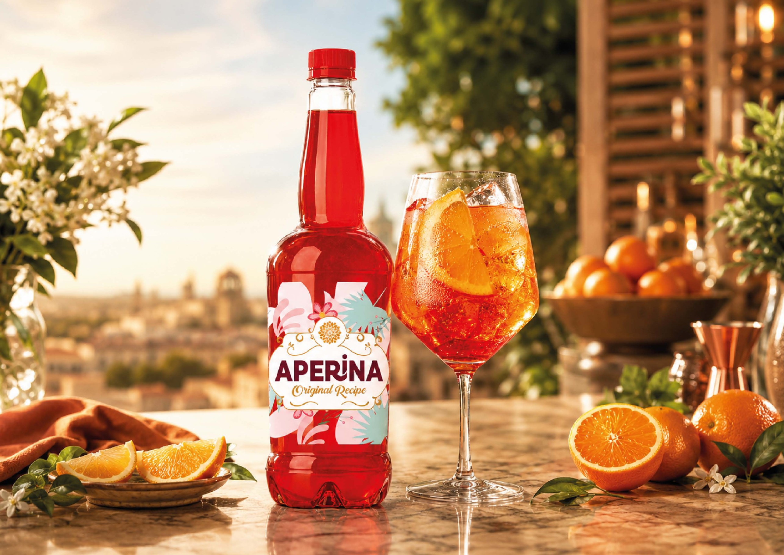 Aperina served in a wine glass with soda, ice and orange — golden-hour Mediterranean setting