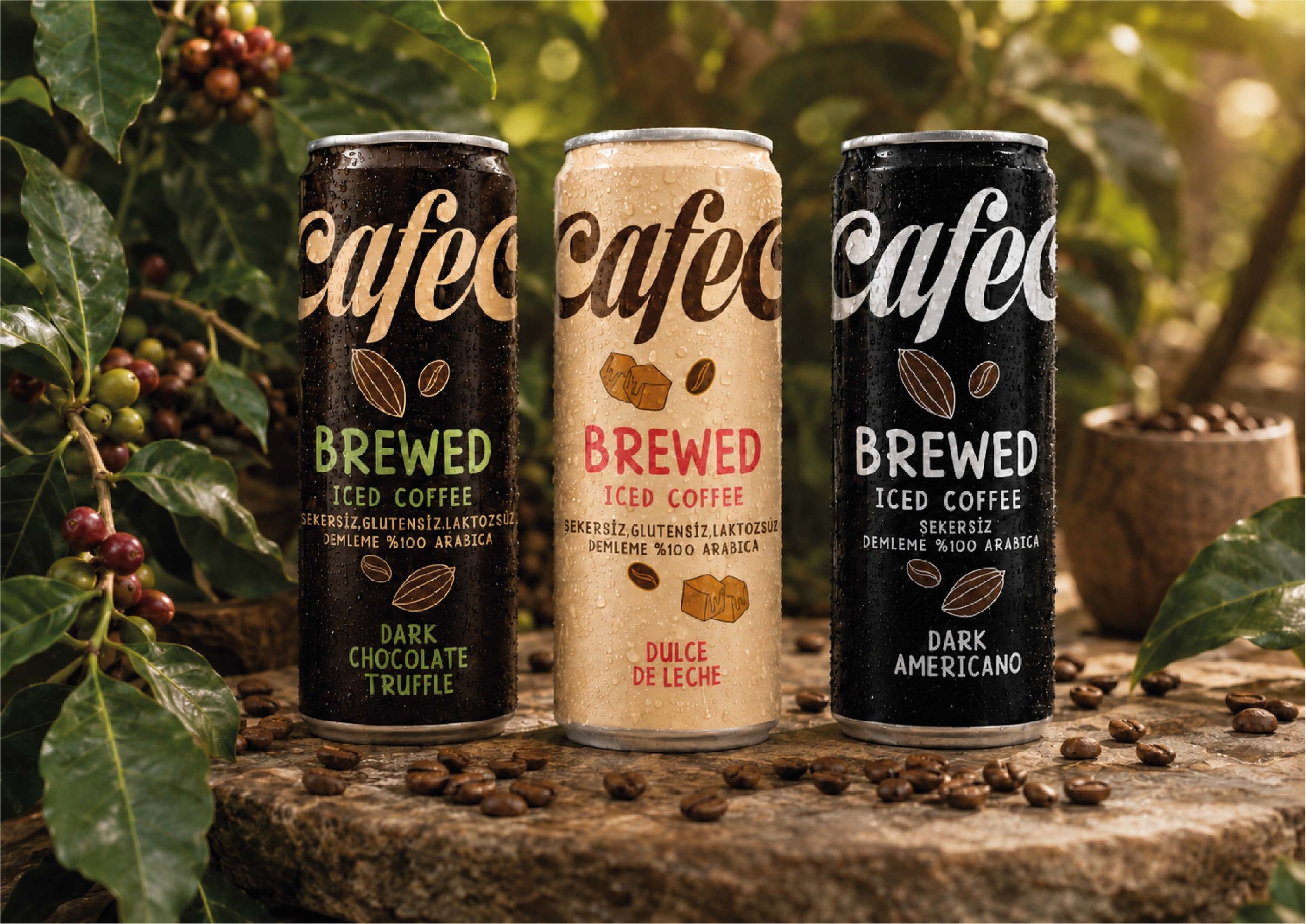 Cafeo — three iced-coffee cans on a stone slab among coffee cherries at golden hour